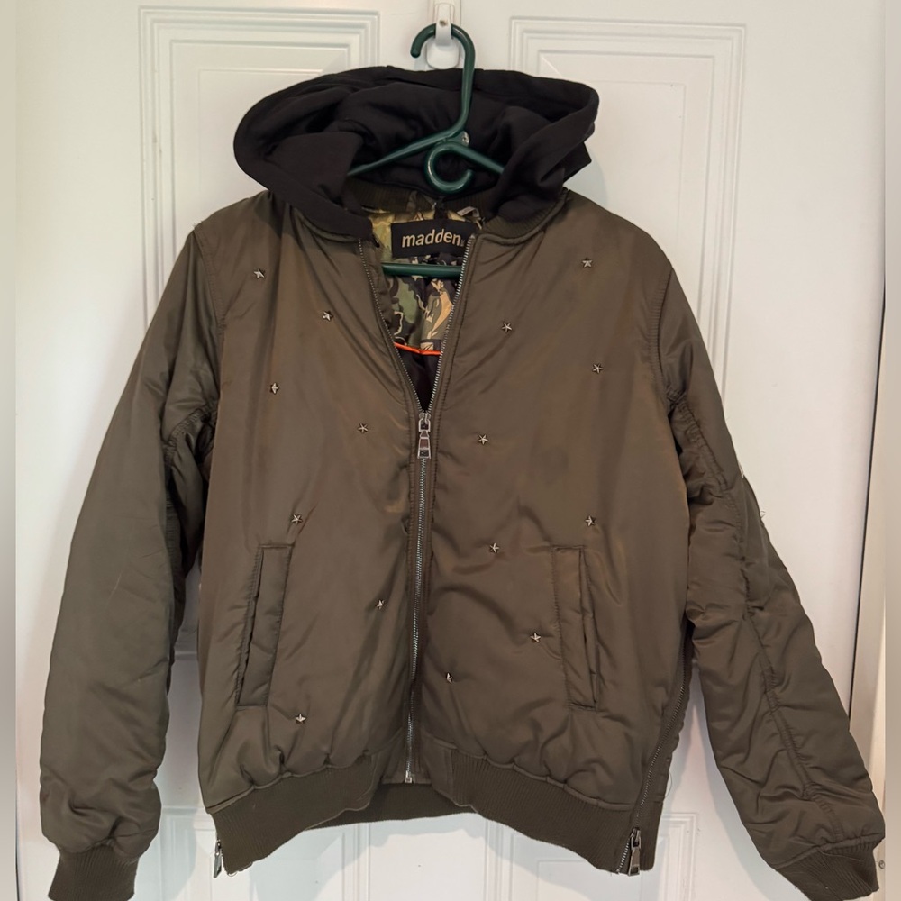NWT Madden Girl Jacket Dk Khaki Stars Hoodie Zip Up Winter Coat XL
